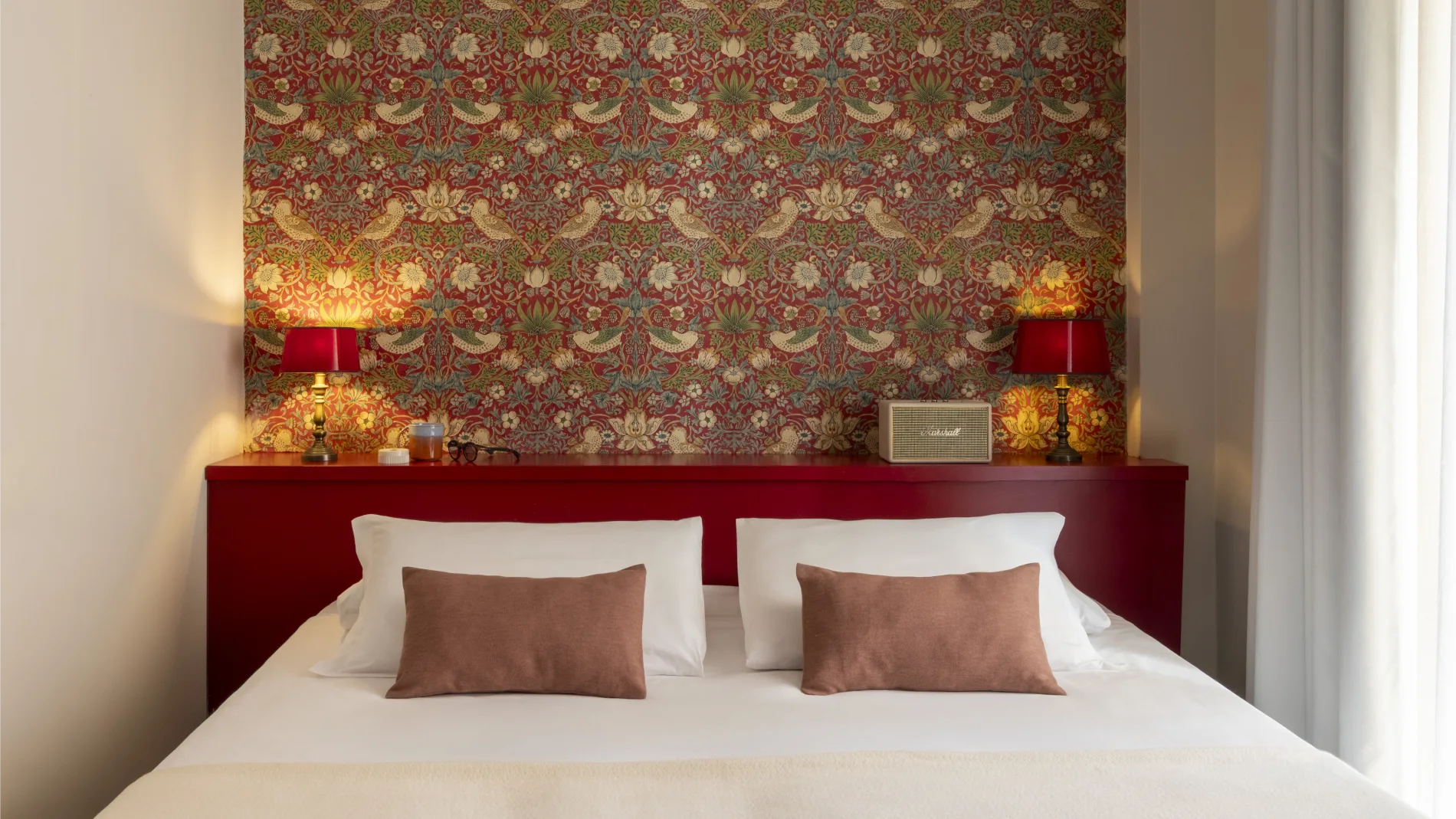 Elegant small room with red headboard, decorative wallpaper and warm lighting, in the heart of Monti district in Rome - Monti First, BZAR hotels in Rome